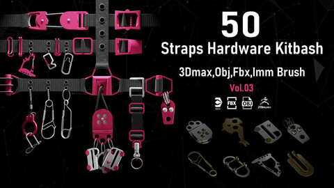 50 Straps Hardware Kitbash 3D Models (fully unwraped) + imm brushes_VOL03