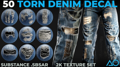 50 Torn Denim Decals - Substance .SBSAR + 2K Textures Set