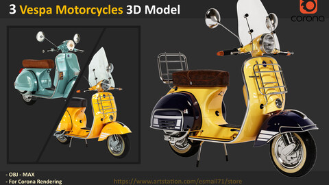 3 Vespa Motorcycle 3D Model - Corona rendering