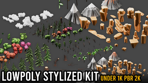 FREE LowPoly Stylized Environment Kit (PBR textured under 1K polys, max fbx obj blend)