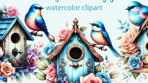 Watercolor Birdhouse Clipart Flower Birdhouse PNG Vintage Bird Digital images for making cards, stickers, scrapbooking journal, paper crafts