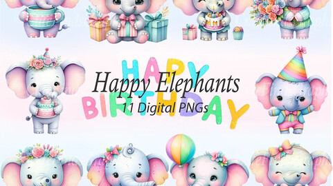 Clipart of happy little elephants. Elephants, Birthday PNG. Digital images for making cards, stickers, scrapbooking journal, paper crafts.