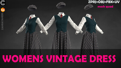 WOMEN'S VINTAGE DRESS(Clo3D Project + OBJ +FBX)