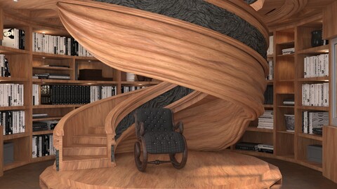 wooden spiral staircase in a room with bookshelves