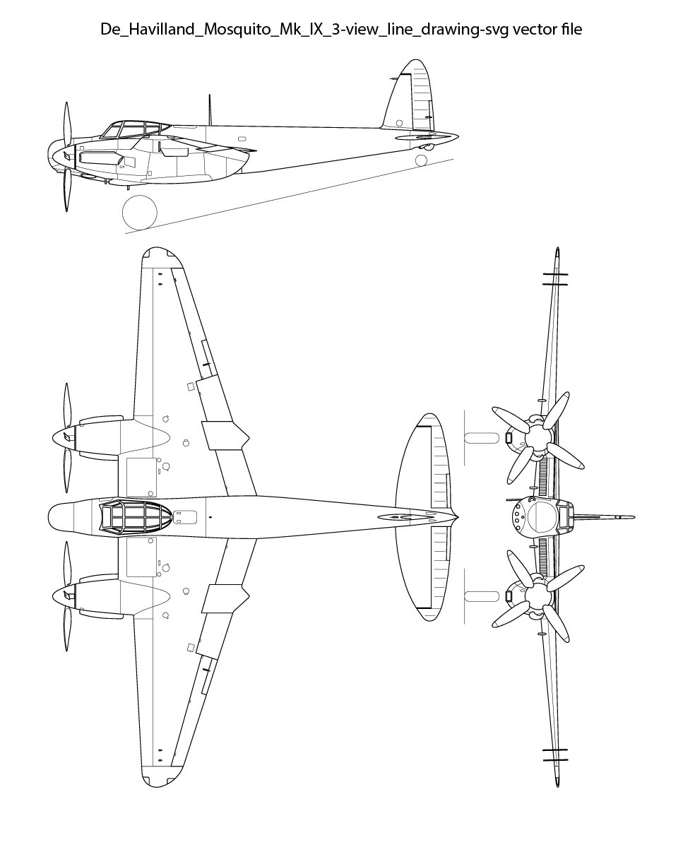 ArtStation - De Havilland Mosquito Mk IX 3-view line drawing-svg vector ...