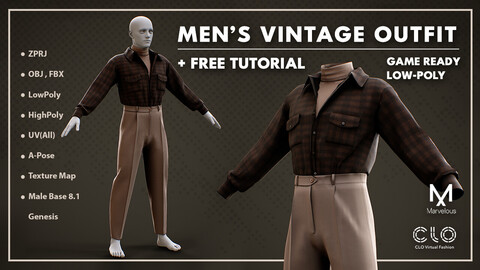 Men's Vintage Outfit 3D Model - Marvelous / Clo3D , High & Low Poly + Free Tutorial