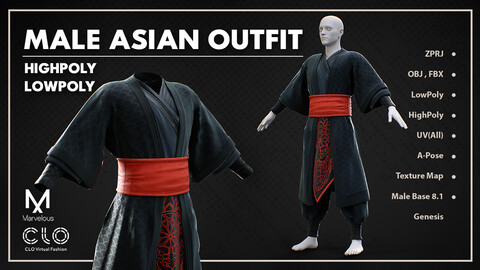 Asian Man Outfit-Samurai / Marvelous Designer Clo3d Project + OBJ , FBX (Low Poly)