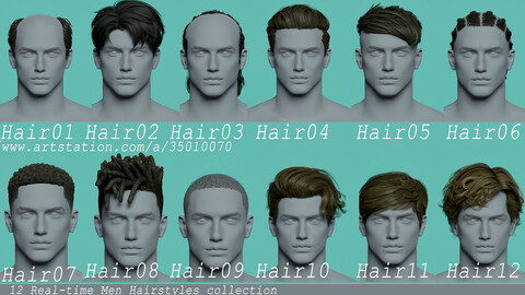 12 Real-time man Hairstyles collection 05 hair anime head man male blonde brunette beautiful wig character hairstyle haircut human real time ingame unreal lowpoly
