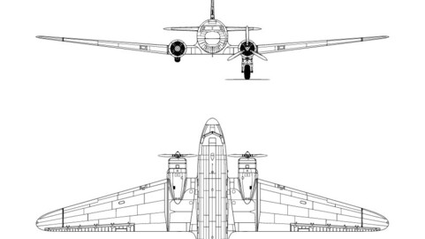 Douglas DC-3 3-view line drawing-svg vector file