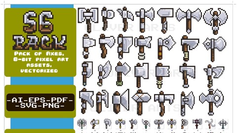 Pack with 56 ax weapons in Vectorized Pixel Art Format.