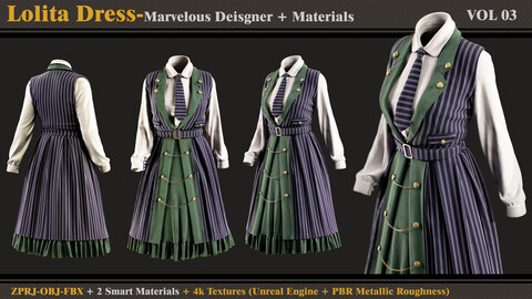 Lolita Dress -MD/Clo3d + Smart Material + 4K Textures + OBJ + FBX (vol 03)