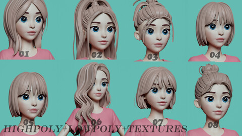 Hipoly and Lowpoly 8 Fashion Sexy Stylized hair 2 Girl Woman Girl  fantasy challenge woman girl young hair wig head headwear anime 3d print mesh salon female fashion other cartoon stylized hairstyle character