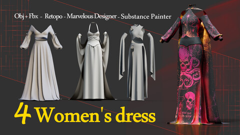 4 Women's Dress - Retopo (Obj+Fbx+Zprj+Spp+Blnd+3DsMax) -- VOL02