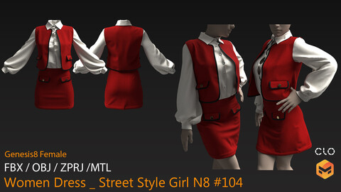 Women Dress _ Street Style Girl N8 #104 _ MarvelousDesigner/CLO Project Files+fbx+obj+mtl + Avatar Genesis8Female