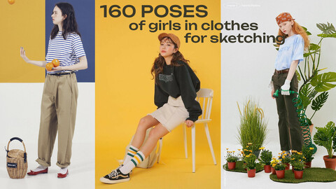 160 Standing and sitting calm natural poses of girls in clothes for sketching