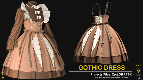 GOTHIC DRESS VOL 4(MARVELOUS DESIGNER AND CLO3D)ZPRJ, OBJ, FBX,UV