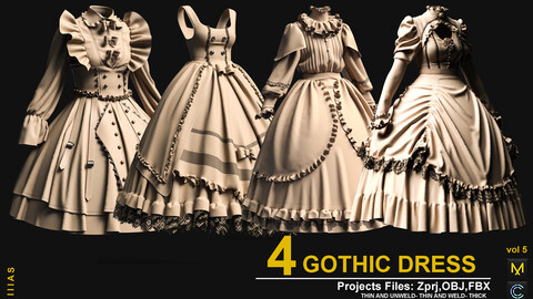 GOTHIC DRESS vol 5(MARVELOUS DESIGNER AND CLO3D)ZPRJ, OBJ, FBX,UV