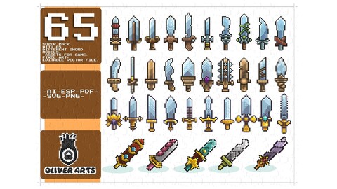 SUPER PACK WITH 65 DIFFERENT SWORD MODELS, ASSETS FOR GAME, PIXEL ART, EDITABLE VECTOR FILE.