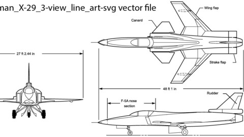 Grumman X-29 3-view line art-svg vector file