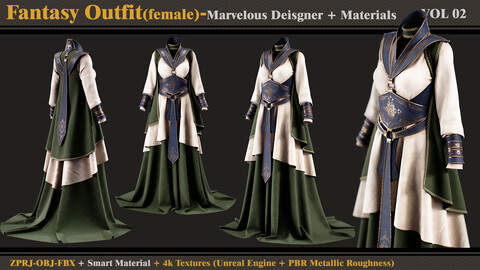 Fantasy Outfit-FEMALE- MD/Clo3d + Smart Material + 4K Textures + OBJ + FBX (vol 02)