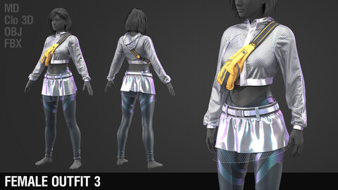 Female outfit 3 / Pants / T-shirt / Belt / Bag / Skirt / Jacket / Marvelous Designer