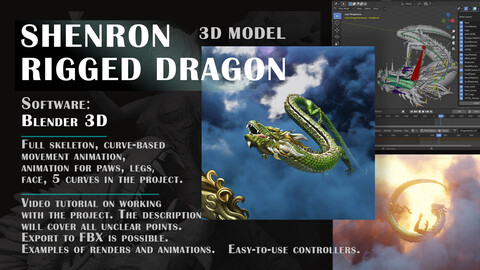 Dragon Shenron. Rigged 3D model. Dragon with animations (Blender3D)