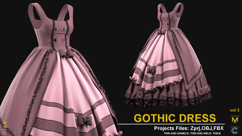 GOTHIC DRESS vol 3(MARVELOUS DESIGNER AND CLO3D)ZPRJ, OBJ, FBX,UV