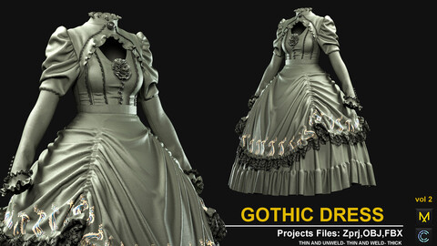 GOTHIC DRESS VOL 2(MARVELOUS DESIGNER AND CLO3D)ZPRJ, OBJ, FBX,UV