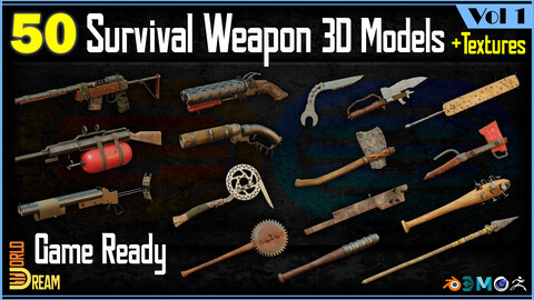 50 Survival Weapon 3D Models with Textures | Game Ready | Vol 1