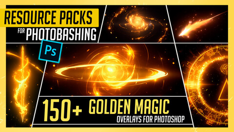 PHOTOBASH 150+ Golden Magic Overlay Effects Resource Pack Photos for Photobashing in Photoshop