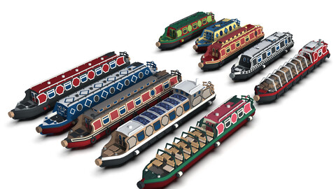 Narrowboats collection canal boat Low-poly