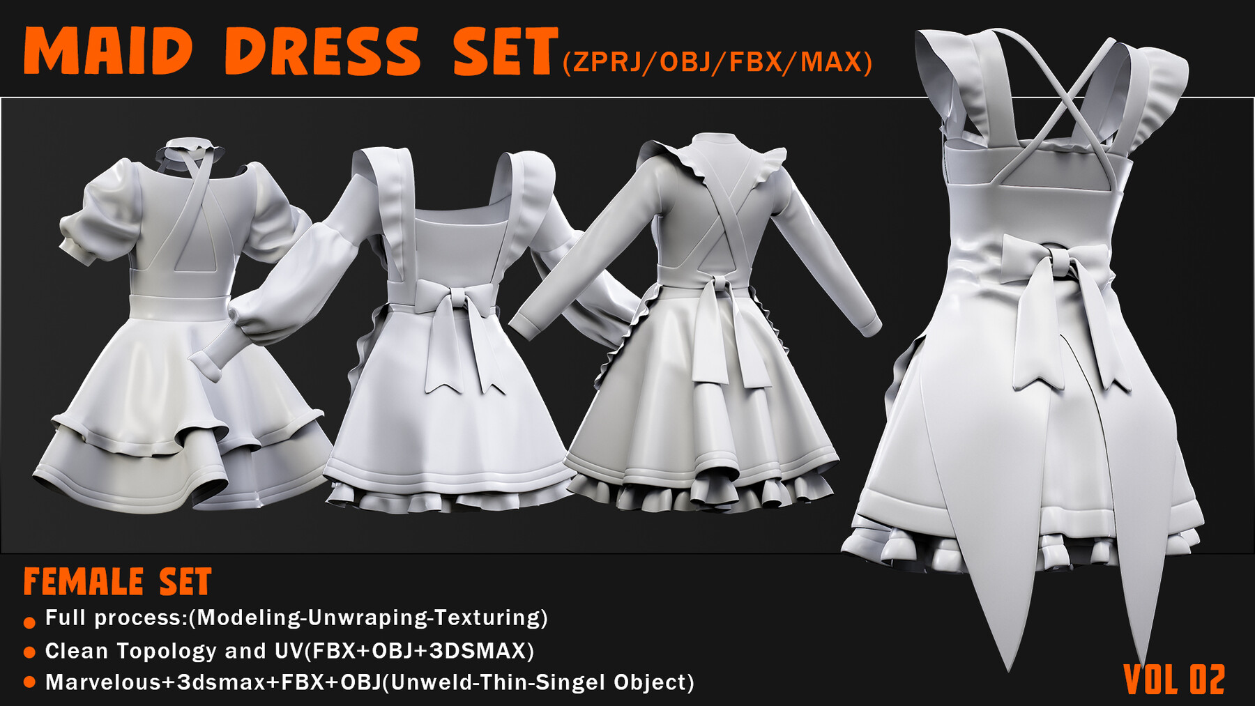 ArtStation - MAID DRESS SET(ZPRJ/OBJ/FBX/MAX) | Game Assets