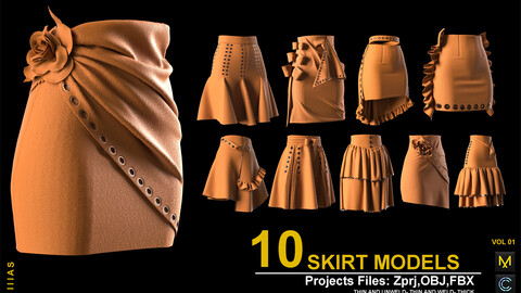 10 SKIRT VOL 1 (MARVELOUS DESIGNER AND CLO3D)ZPRJ, OBJ, FBX,UV