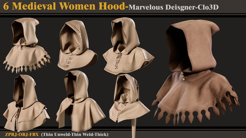 6 Medieval Women Hoods/MD-Clo3D (ZPRJ + FBX + OBJ)