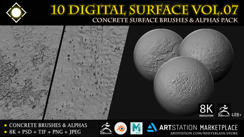 10 Digital Surface Concrete Brushes & Alphas Vol.07 - ZBrush/Blender/Mudbox/3dcoat