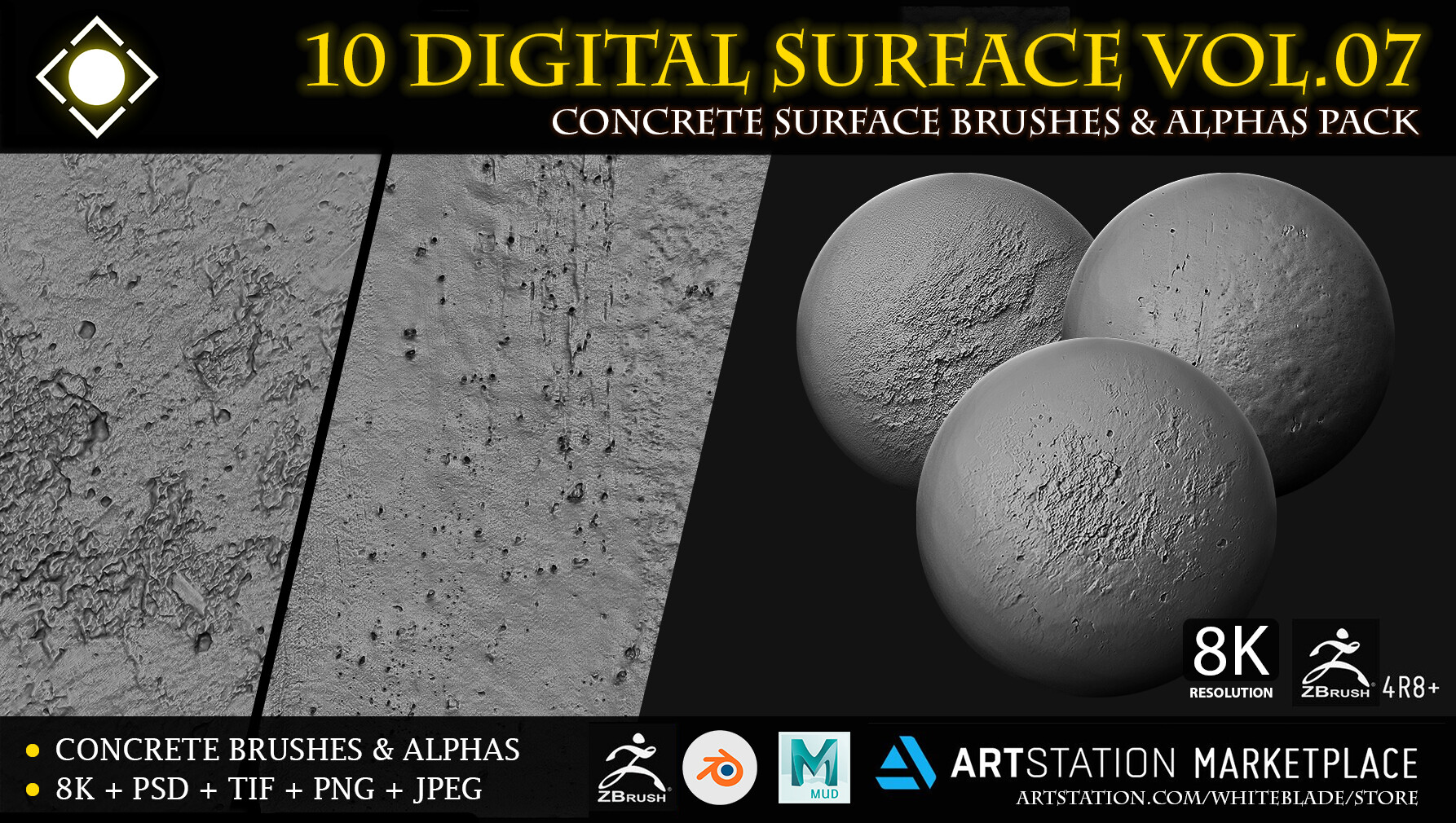 ArtStation - 10 Digital Surface Concrete Brushes & Alphas Vol.07 - ZBrush/Blender/Mudbox/3dcoat | Brushes