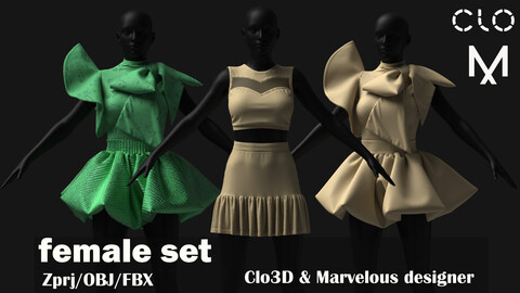 Female set/Marvelous designer&clo3D/Zprj+Obj+Fbx(thick,thin unweld & weld)