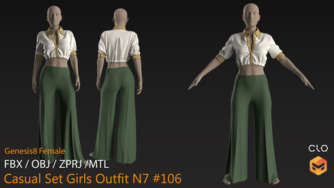 Casual Set Girls Outfit N7 #106 _ MarvelousDesigner/CLO Project Files+fbx+obj+mtl _ Genesis8Female