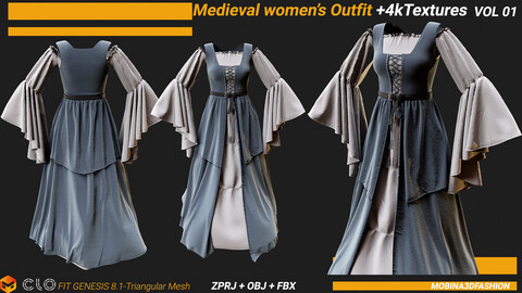 Medieval Women's Outfit- MD(ZPRJ)+ 4K Textures +OBJ +FBX (VOL01)