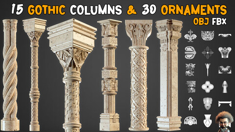 15 Gothic Columns 3D Model + 30 Ornaments Brush - Vol 22