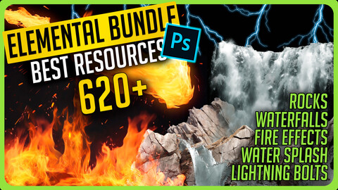 Elemental Bundle - 5 Packs Fire and Flames Effects, Water splash, Waterfalls, Lightning bolts, rocks for Photoshop