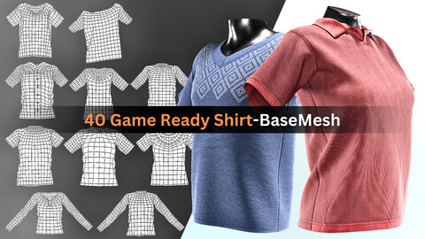 40 Game-Ready Low-Poly T-shirt Basemesh