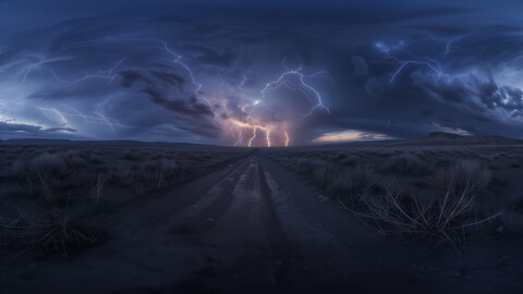 Hdri Thunderstorm Over Desert Roads: Electrifying Skies Captured