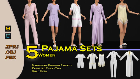 5 Pajama Sets for women .zprj/.obj/.fbx Marvelous Designer project