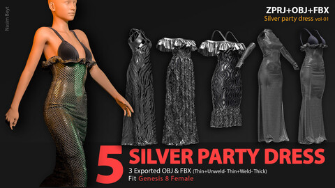 5 SILVER SEQUIN PARTY DRESS PACKS (VOL.01). CLO3D, MD PROJECTS+OBJ+FBX