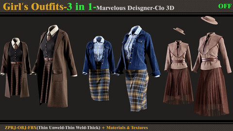 3 in 1 Girl's Outfits- MD/Clo3d (OBJ + FBX +ZPRJ)+Materials+Textures (vol10-OFF)