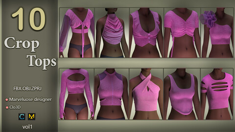 Crop-tops+Clo3D/Marvelous designer+ZPRJ+OBJ+FBX+texture+A pose