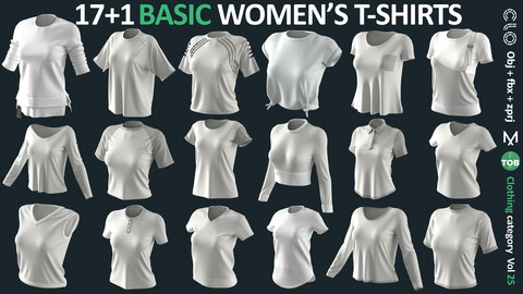 17+1 BASIC WOMEN'S T-SHIRTS / Marvelous Designer / CLO3D + ZPRJ + OBJ