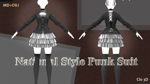 3D Female Punk outfit_Chinese punk style__Clo3d project, Marvelous designer