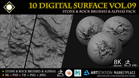 10 Digital Surface Stone, Rock & Cliff Brushes & Alphas Vol.09 - ZBrush/Blender/Mudbox/3dcoat